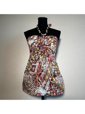 Y2K Boho Halter Top Tribal Beaded Aztec Print Festival Summer Top